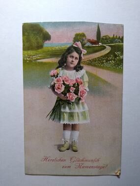 Vintage German Postcard Girl with Pink Roses "Namenstag" Scenic Path